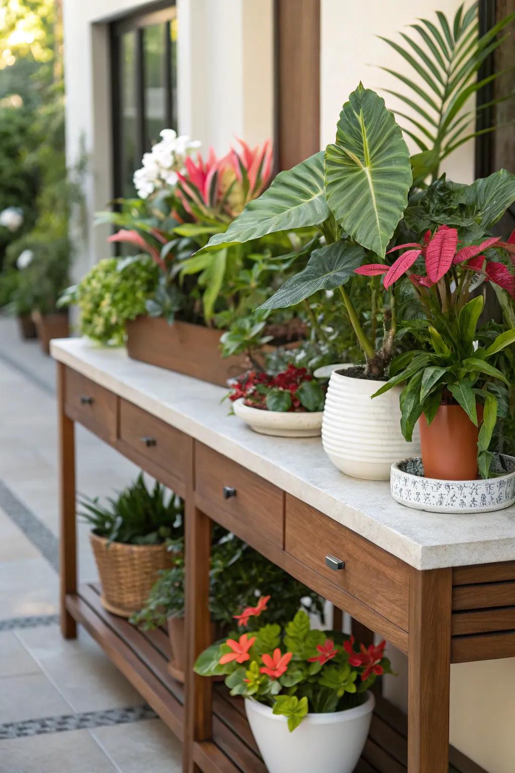 Green elements add a vibrant tone to a console table.