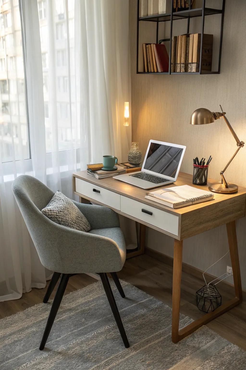 A compact desk has the potential to transform a neglected corner into an effective zone.