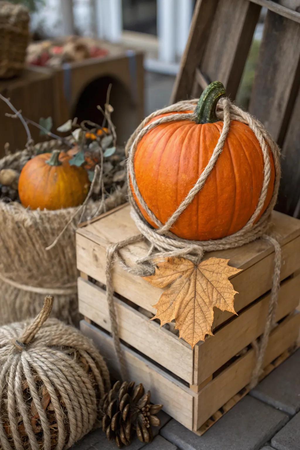 A pumpkin wrapped in rope, radiating an irresistible rustic allure.