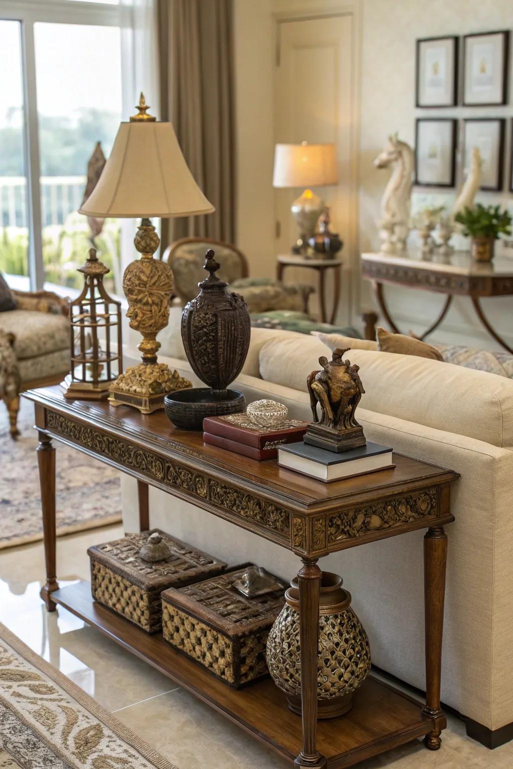 Decorative items enrich visual interest.