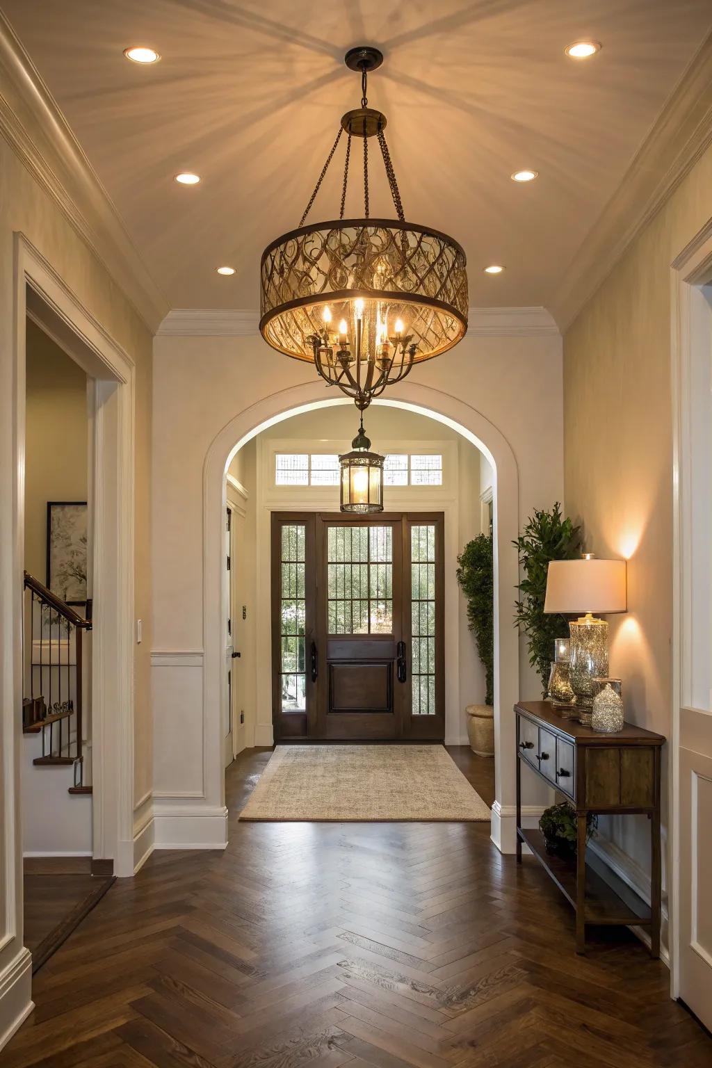 An impressive lighting fixture enhances the entryway's ambiance.