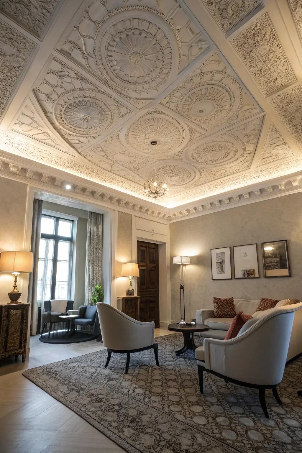 A stylish room featuring a beautifully textured coating roof.