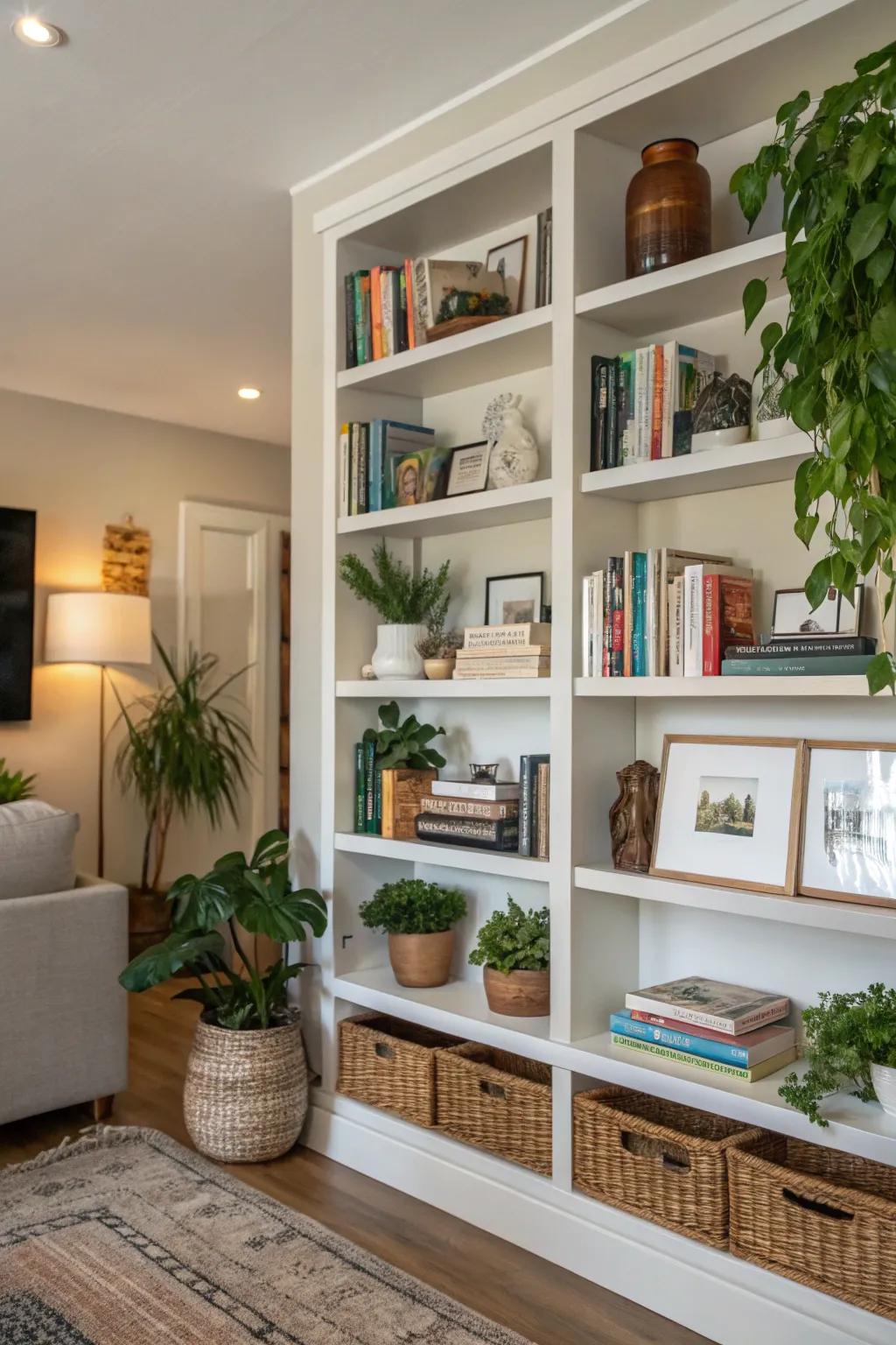 Open shelving presents a refined approach to highlighting your prized decorative artifacts.