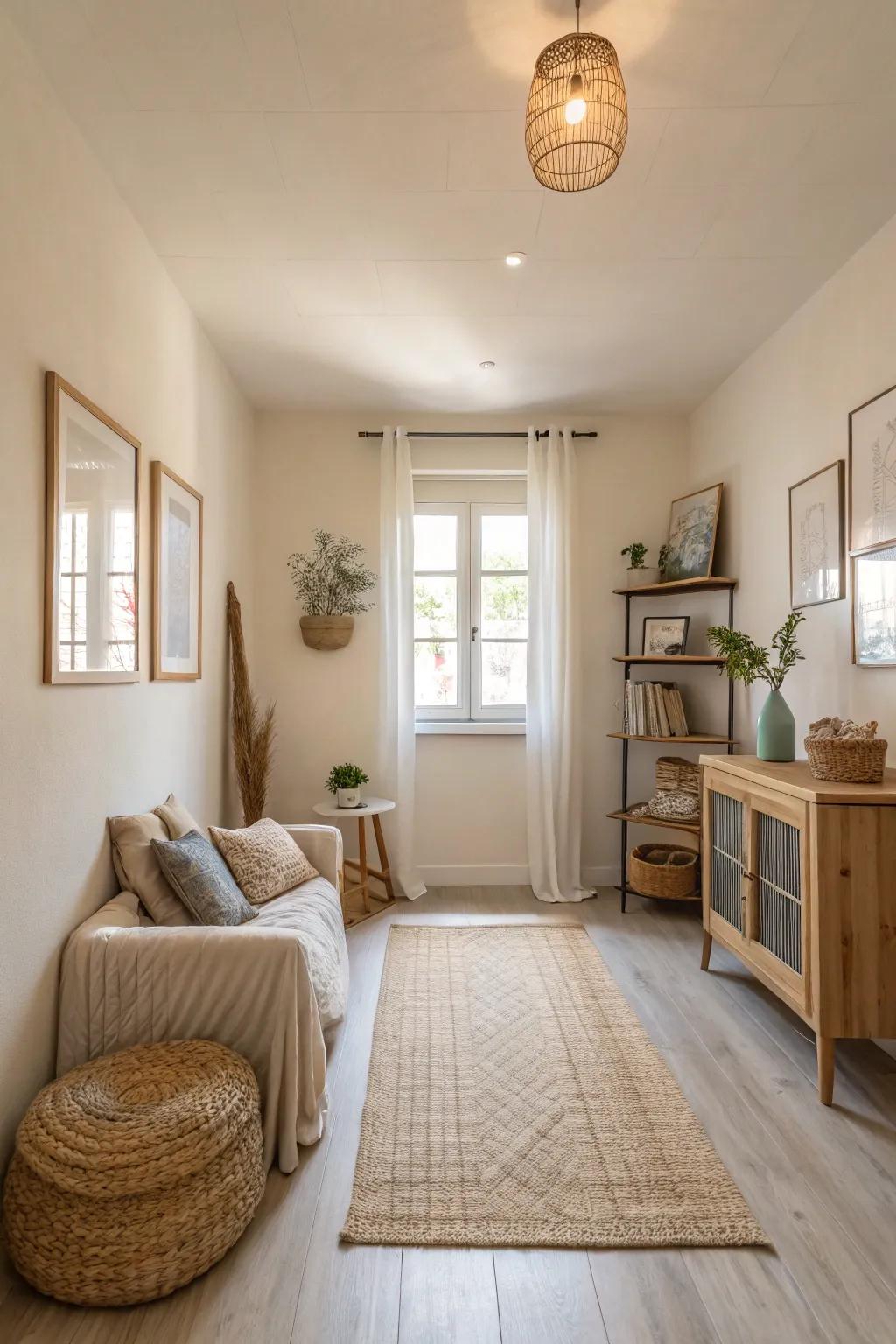 A small room that feels larger with light-colored walls.