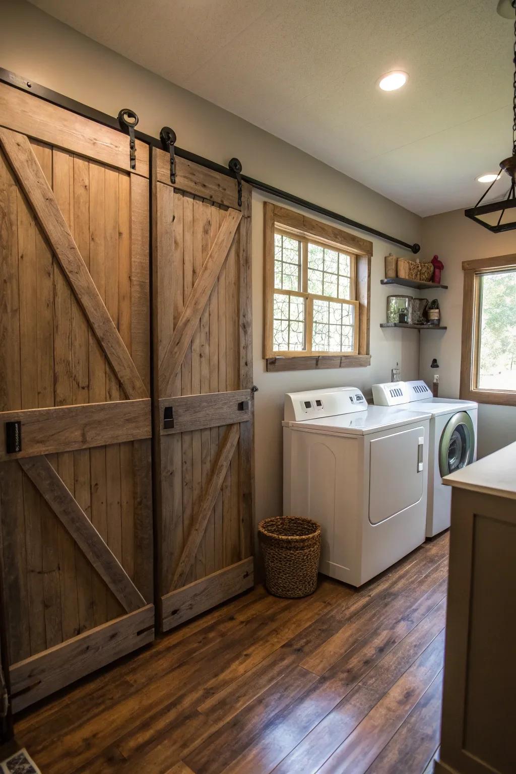 Rustic panels add charm and hide appliances in style.