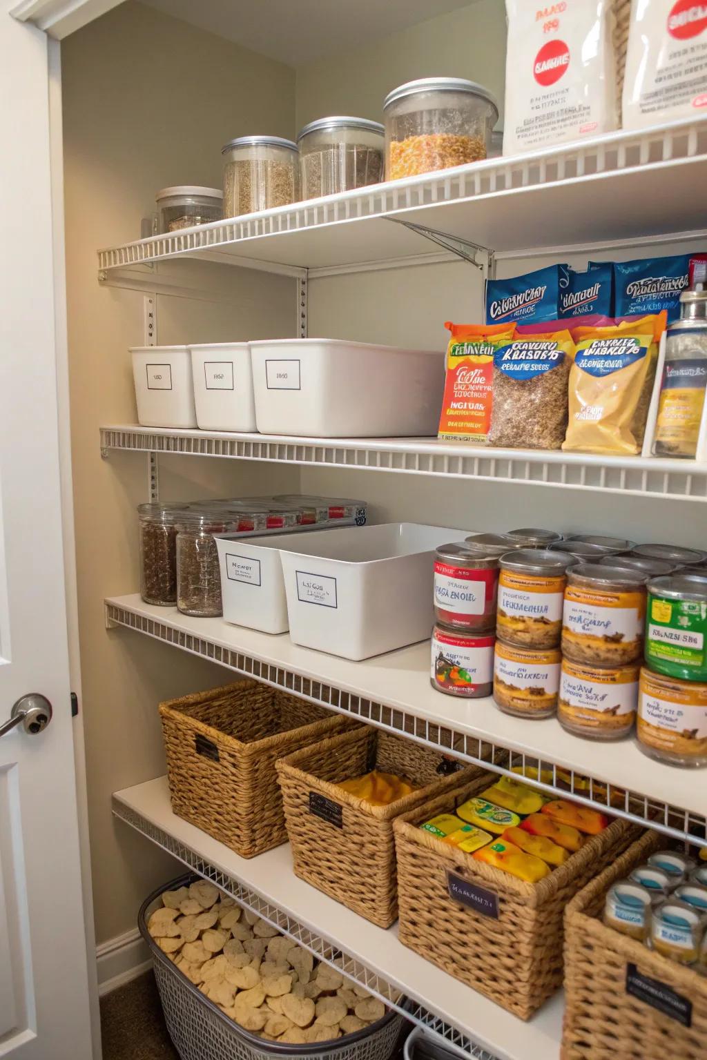 Clearly defined zones keep pantry items organized and easy to find.