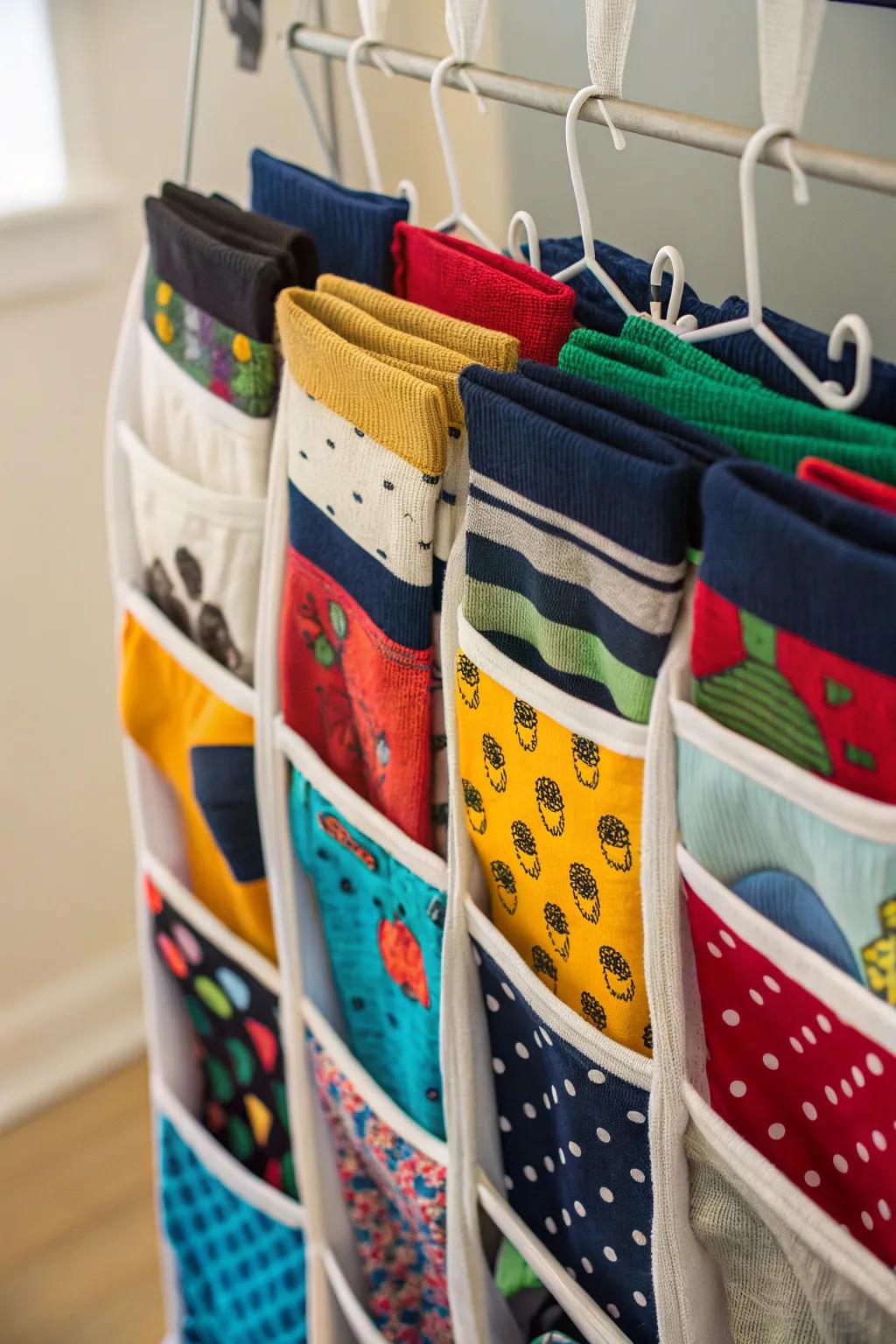 Maximize space through an opportune hanging sock organizer.