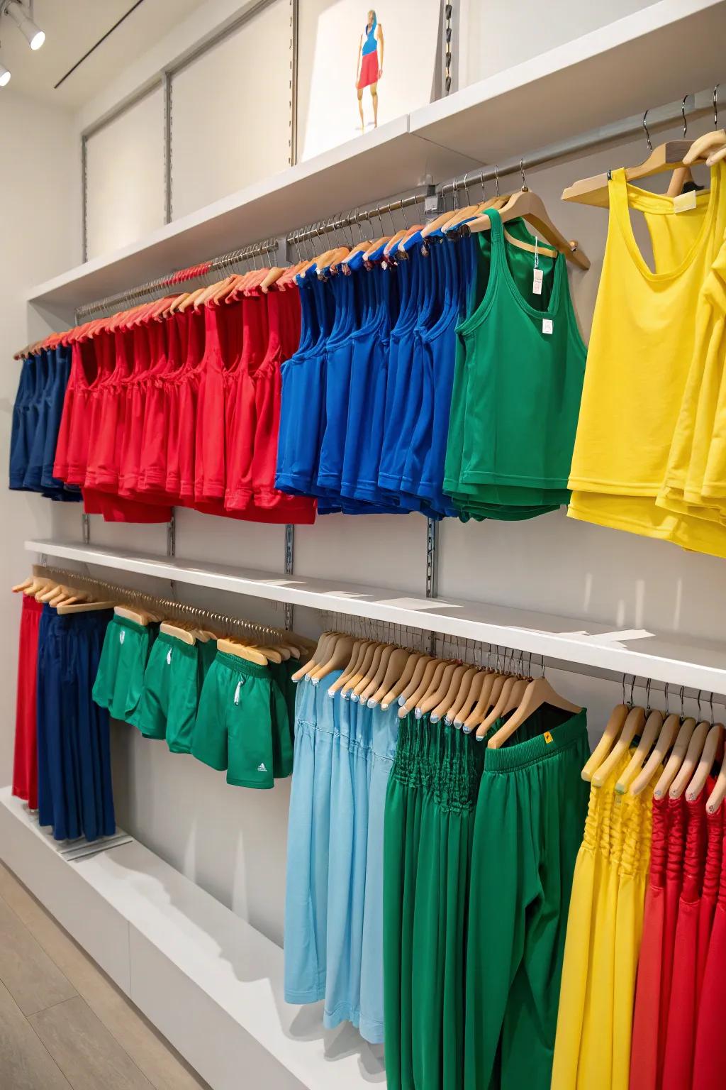 Workout clothes sorted by color for a closet that looks great.