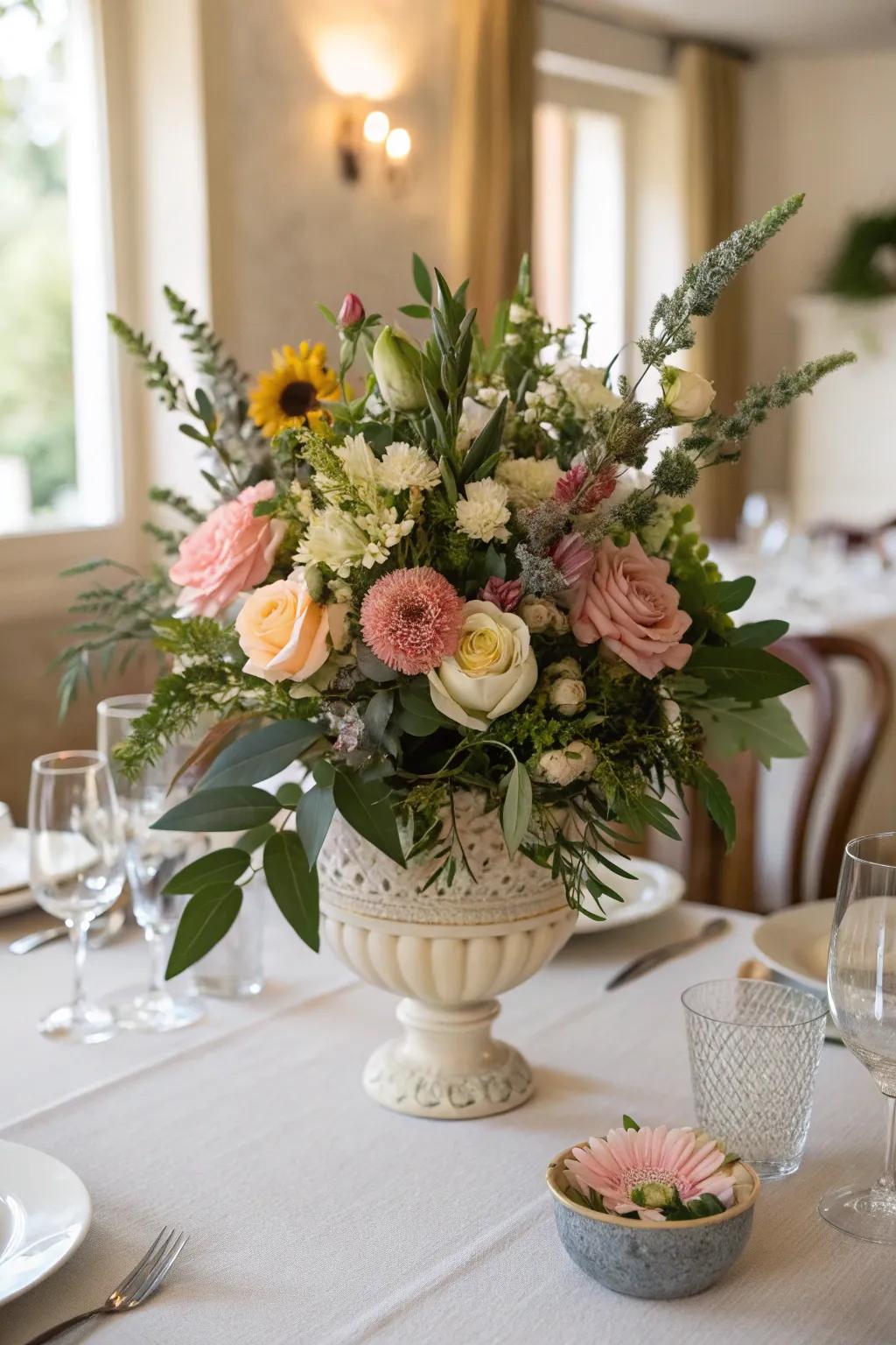 A textured design incorporating blossoms and lush foliage.