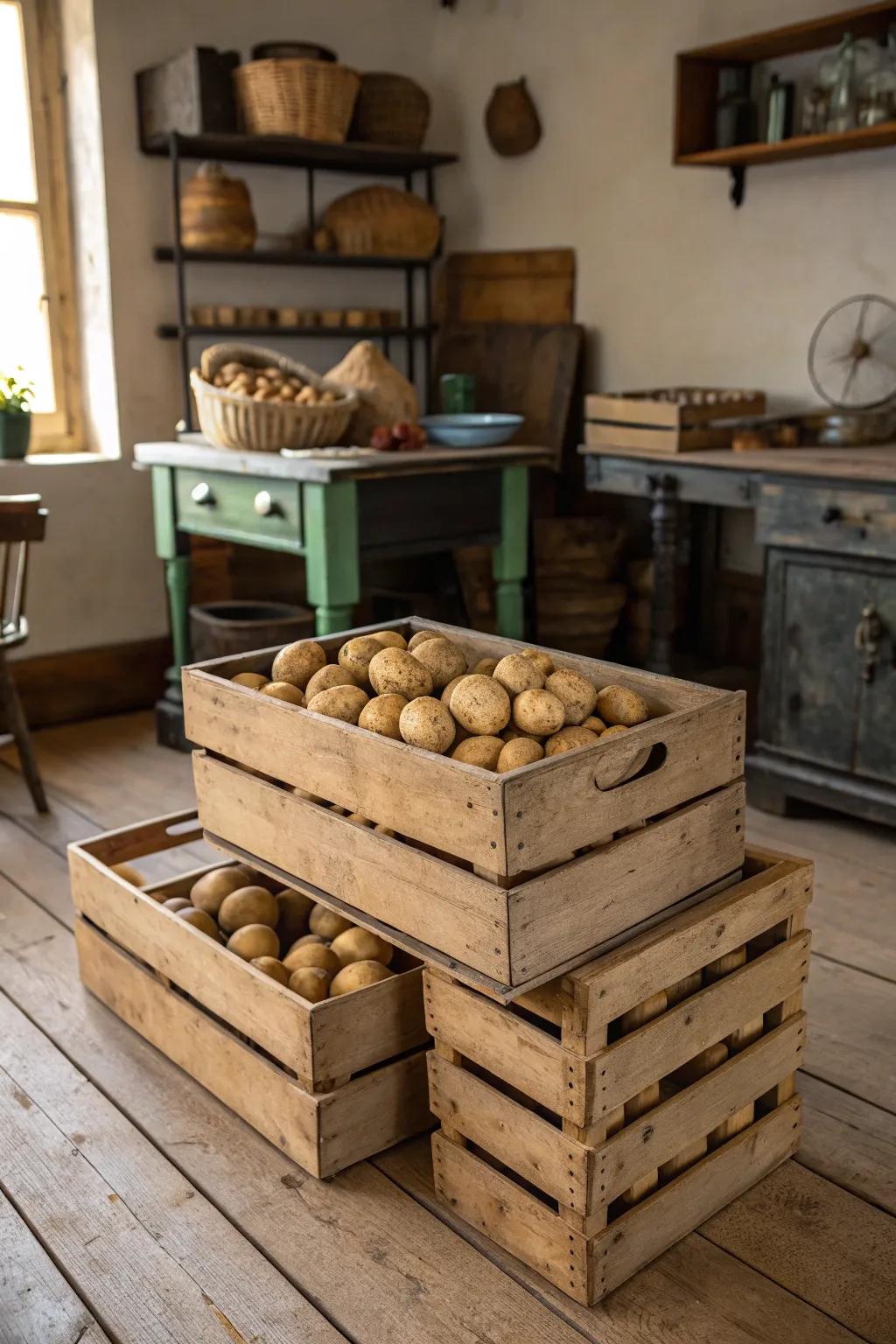 Country-inspired allure through assembled timber carriers, designed for potato storage.