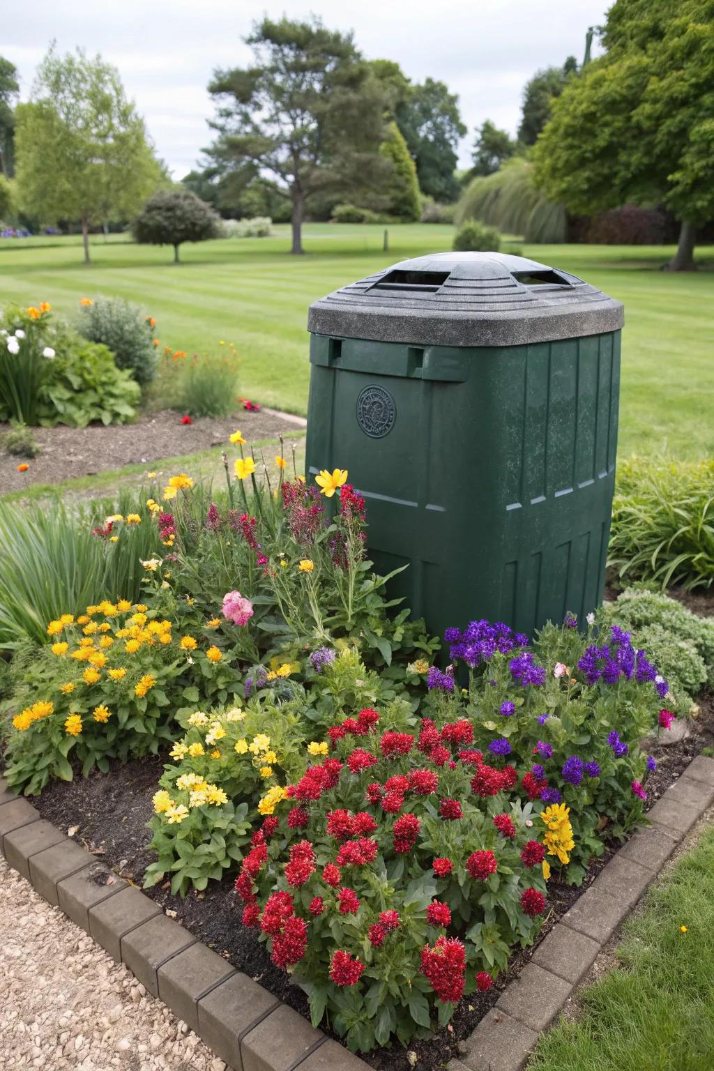 A cleverly concealed compost bin, beautifully integrated within a vibrant flower bed.