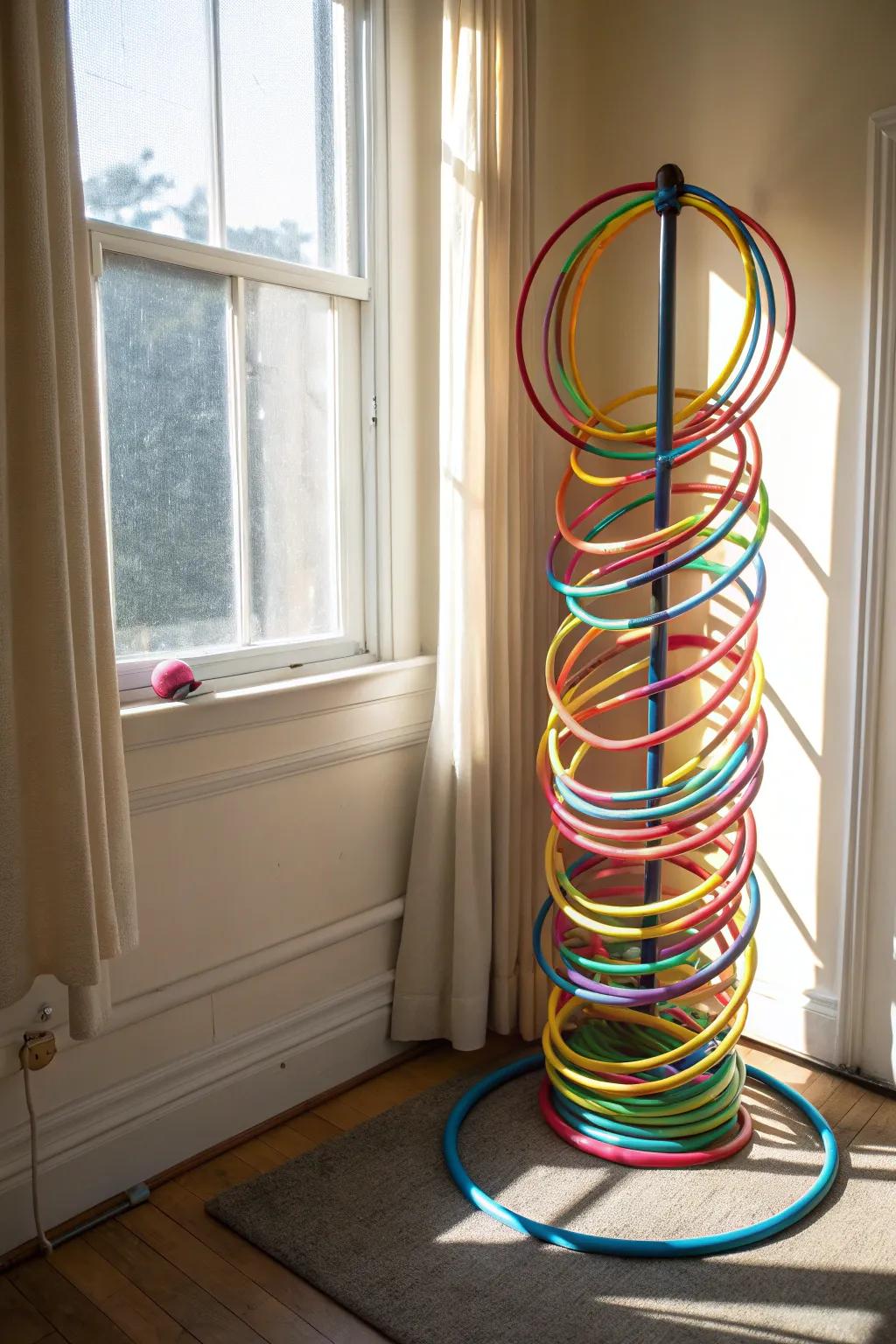 Playful rings stacked neatly on a vertical rod, crafting an orderly and visually pleasing corner exhibit.