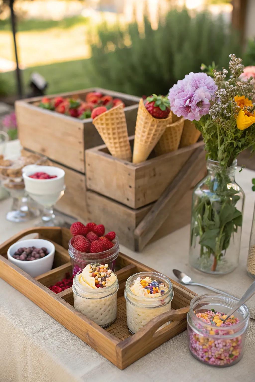A rustic ice cream table that brings the splendor of nature to dessert indulgence.