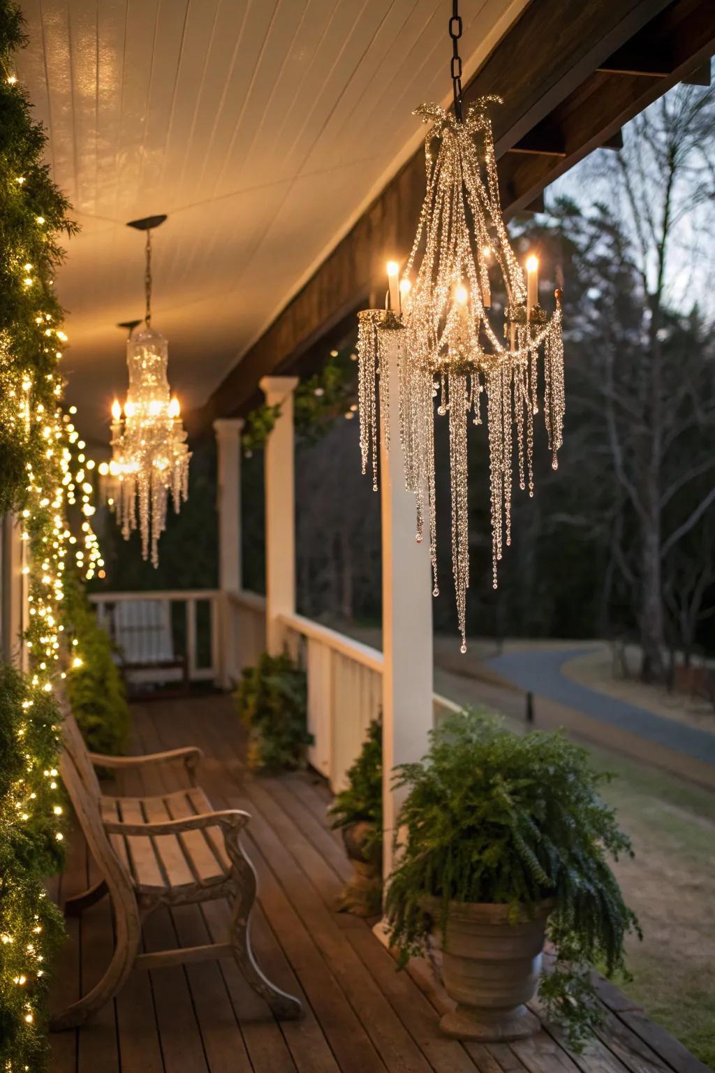 An inventive chandelier of dazzle lights, bestowing sophistication upon any veranda.