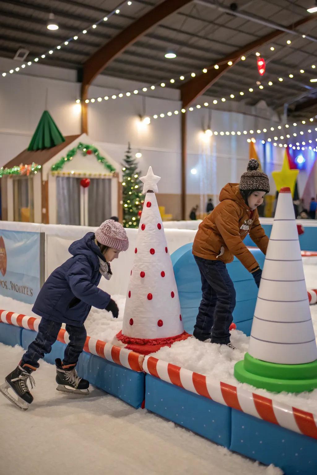 Children maneuvering a playful winter-style obstacle route.