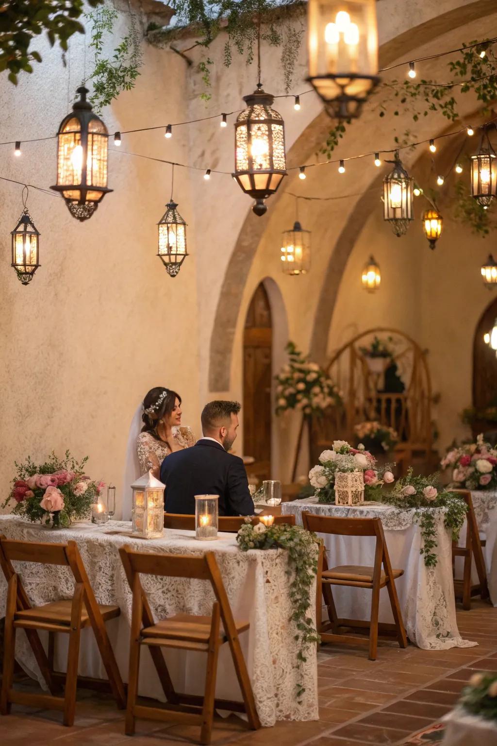 Old-style lights and bulbs adding simple charm to the wedding.