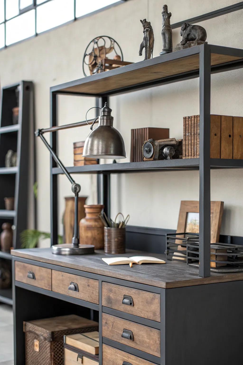 Exposed shelving merges style and storage in your industrial workspace.