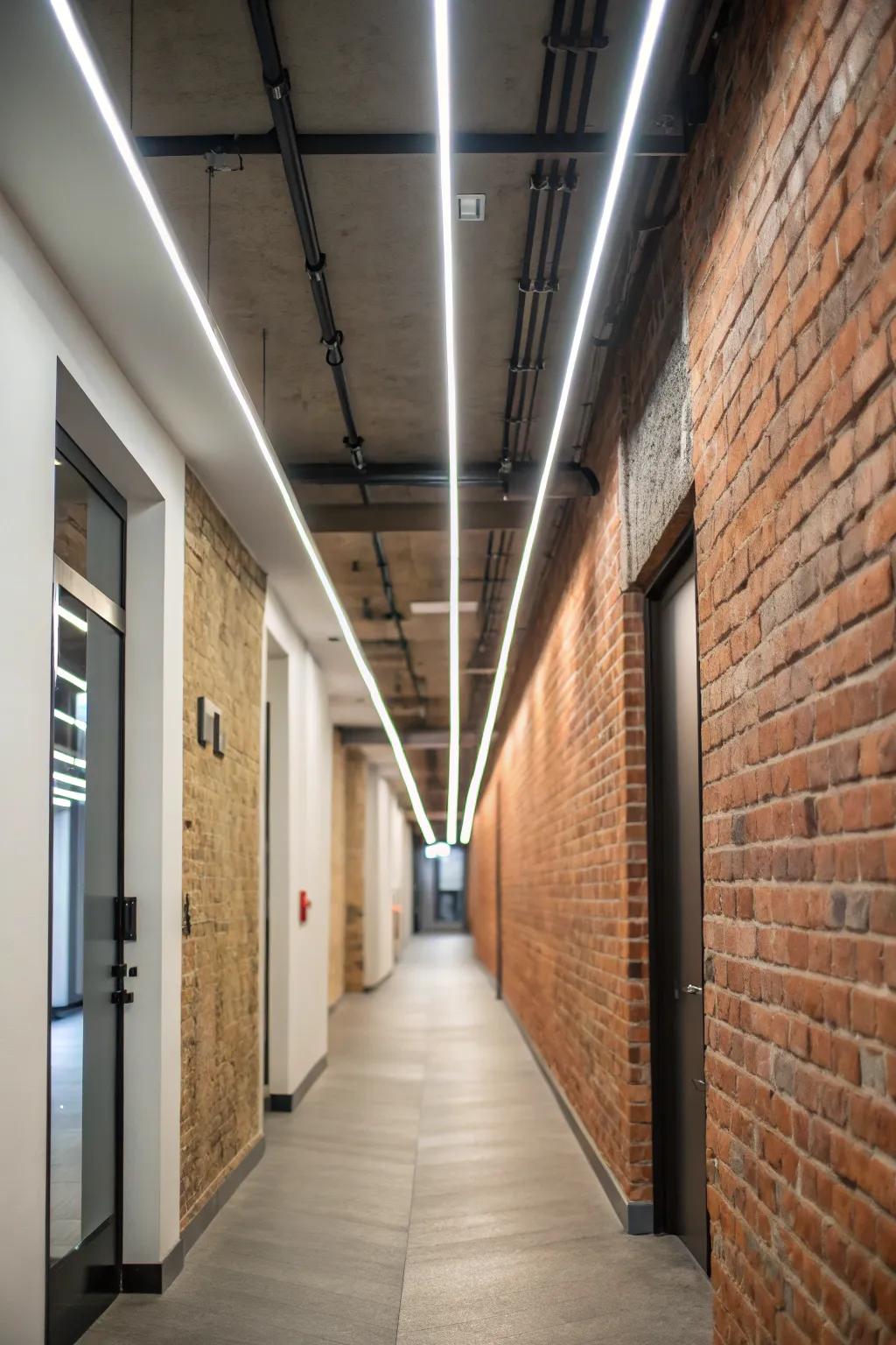 Urban loft hallway displaying linear LED lighting