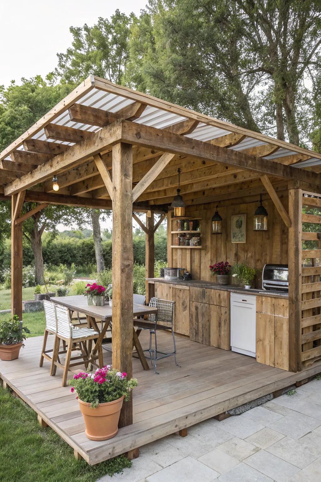 An eco-aware pavilion crafted from recycled pallet timber.