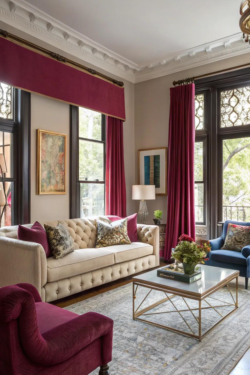 Gem-toned trims infuse drama and sophistication into the area.