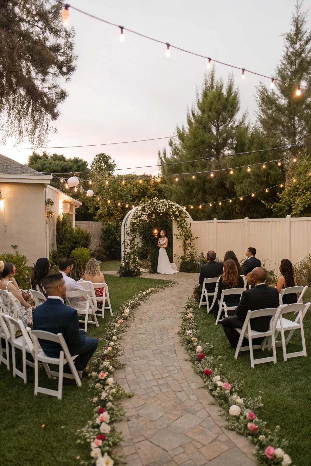 An encircling seating layout creates an intimate ceremony ambiance.