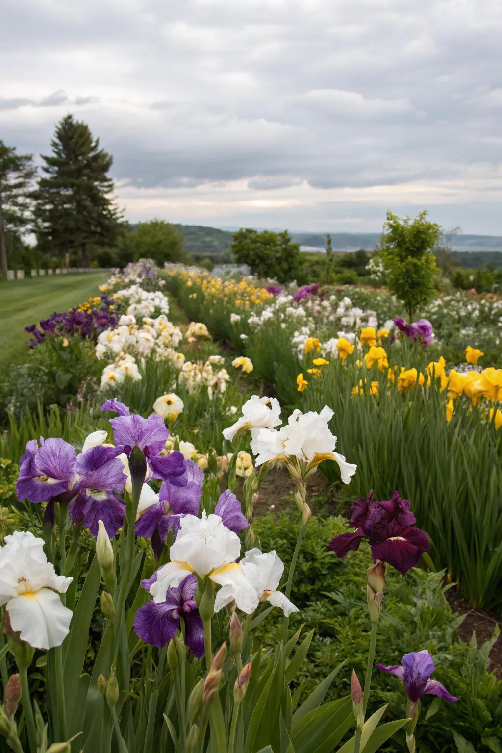 A dynamic compilation of iris colors crafting a compelling garden panorama.