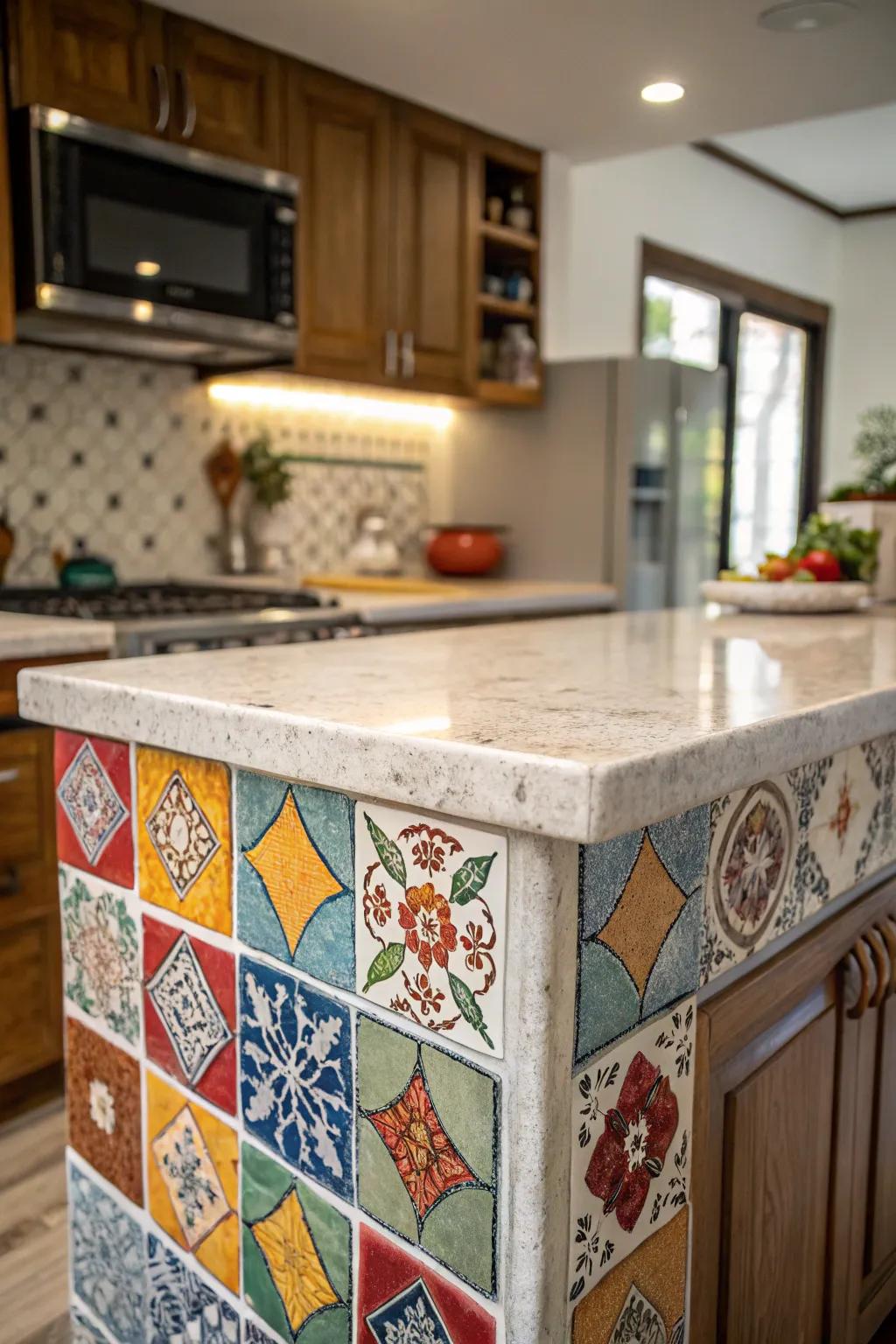 Tile countertops bring a dynamic splash of color and textural richness to a kitchen island.