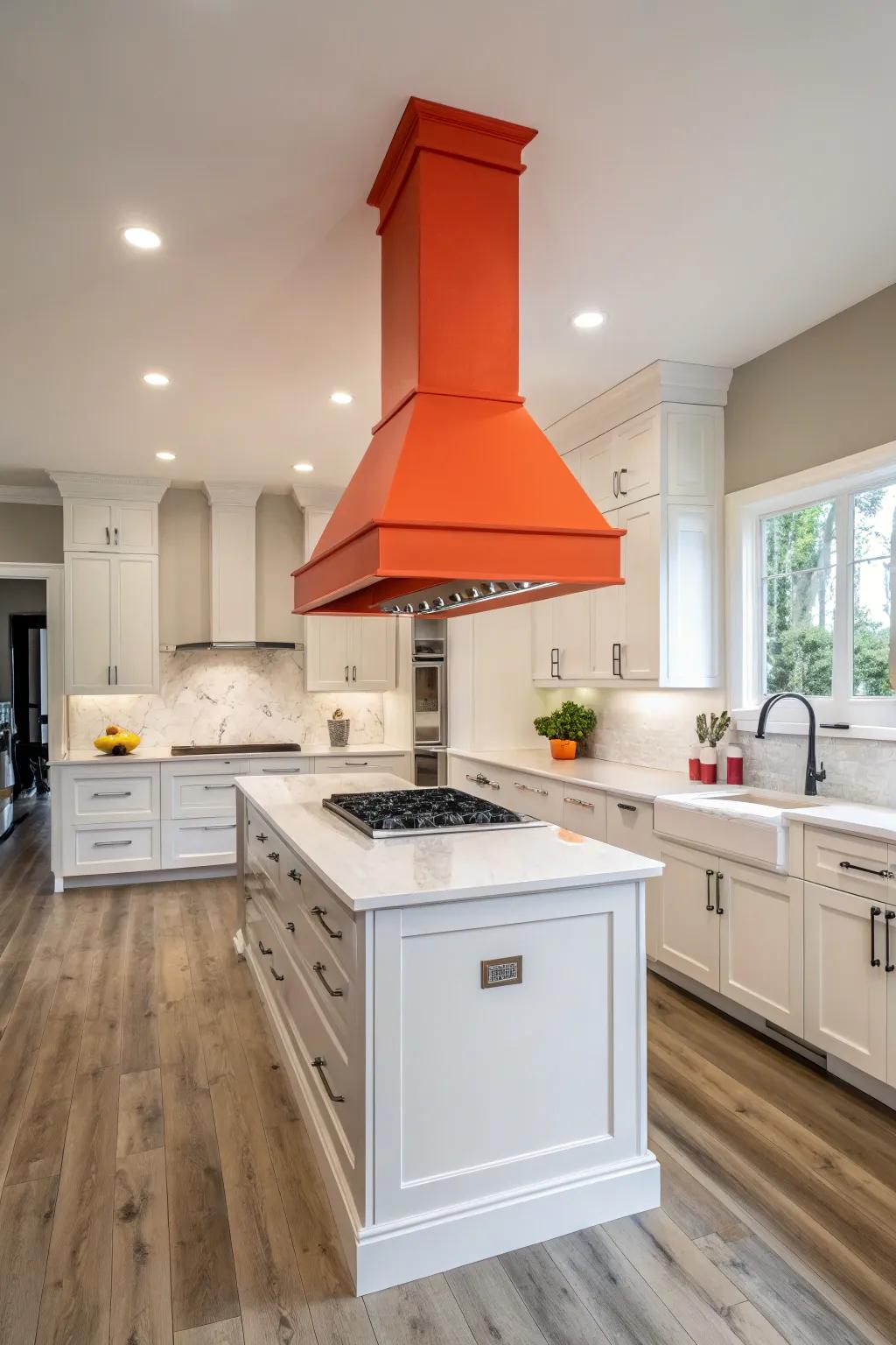 A brightly colored range hood makes a dramatic statement.