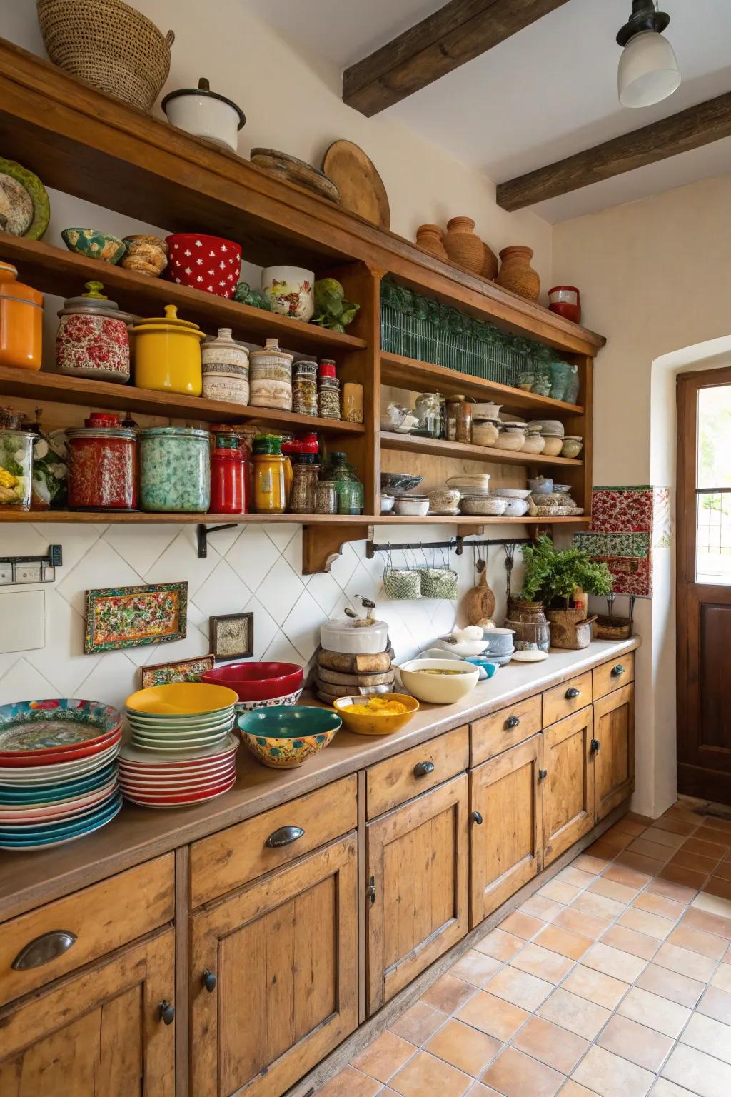 Uncovered shelving displays pottery and incorporates a personal element.