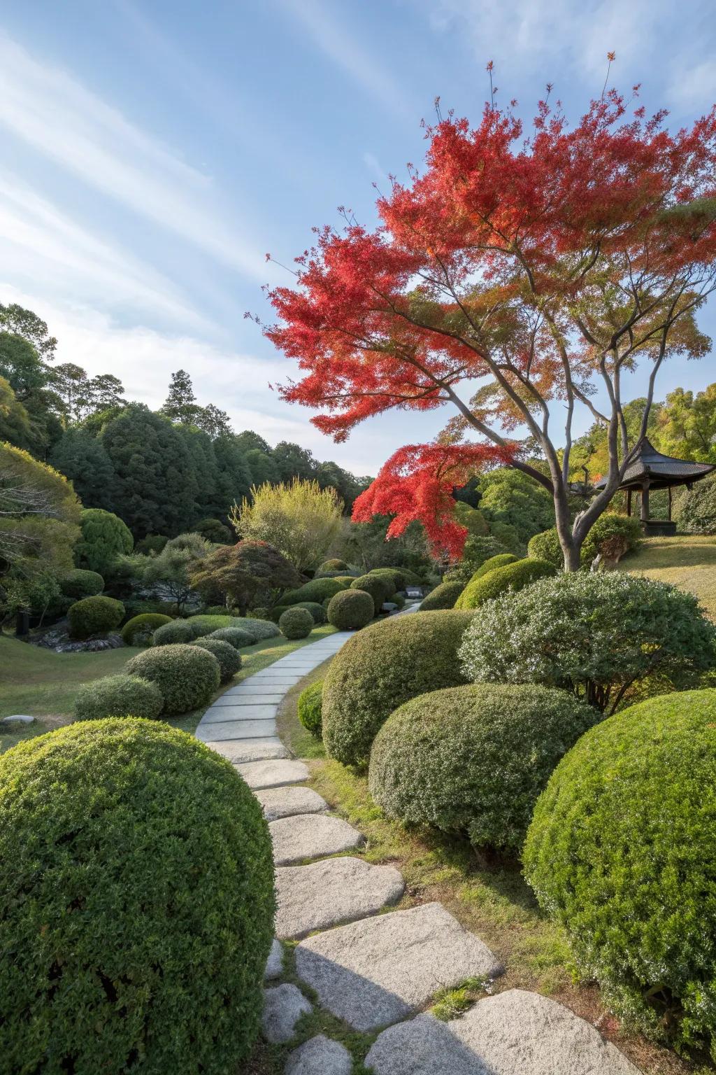 Lush greenery and a vibrant maple tree in a Japanese garden.