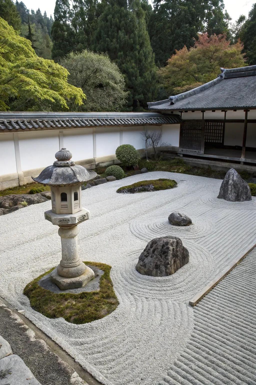 A Zen garden featuring raked gravel and minimalist features.
