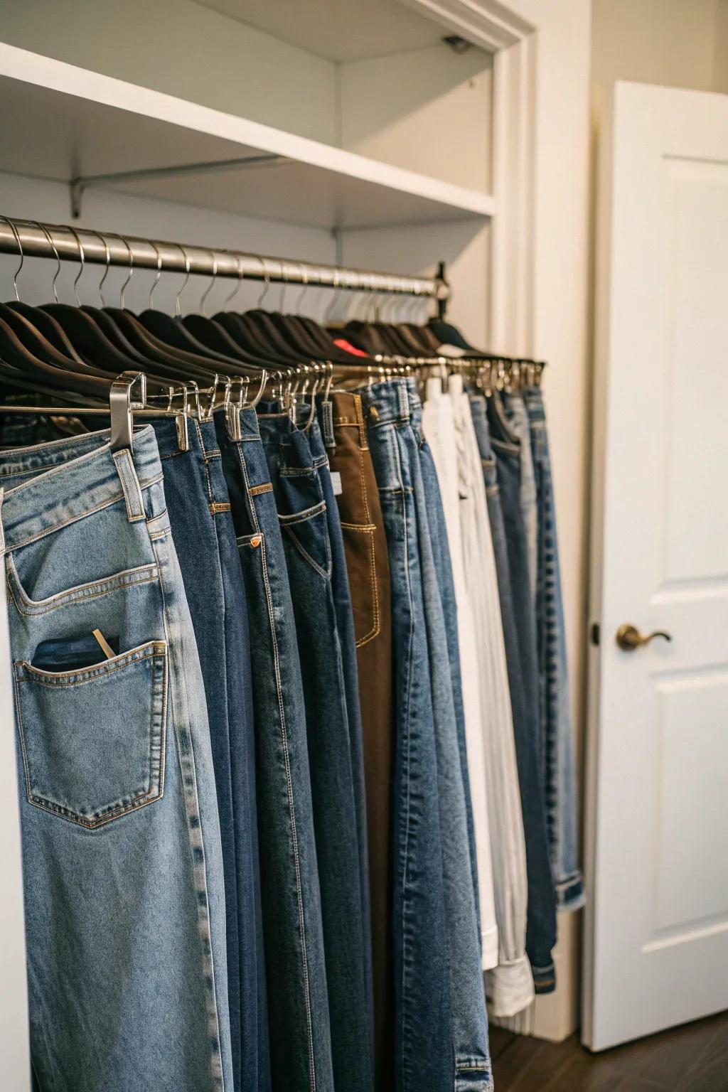 Clip hangers offer a wrinkle-reducing storage technique for jeans.