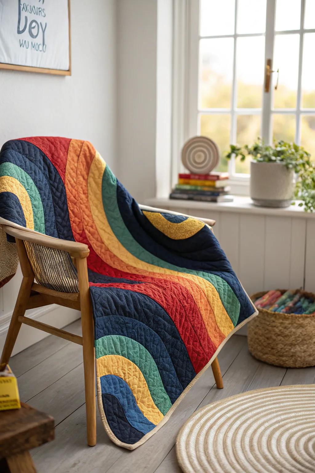 Introduce a surge of joy and vibrancy into your dwelling through this exquisite spectrum swirl quilt, ideally suited for imbuing a dash of artistry and warmth into any minimalist setting.