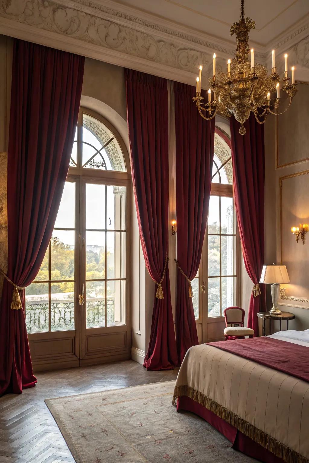 Maroon drapes establish a spectacular and majestic ambiance.