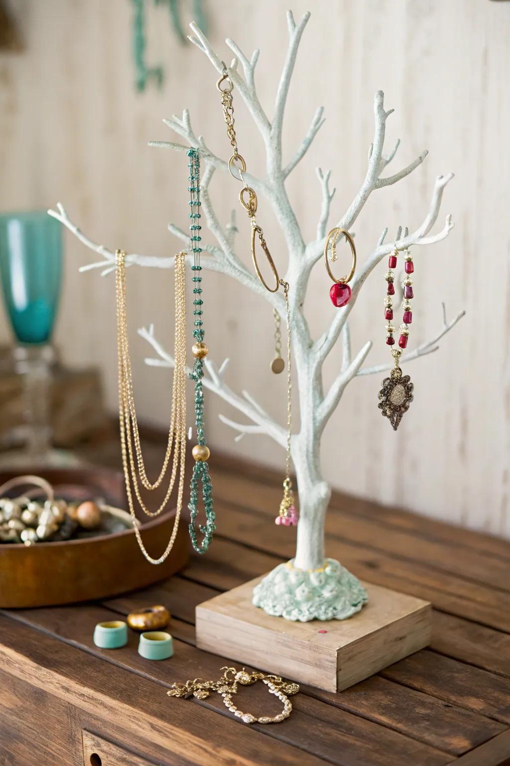 A handcrafted jewelry arbor display