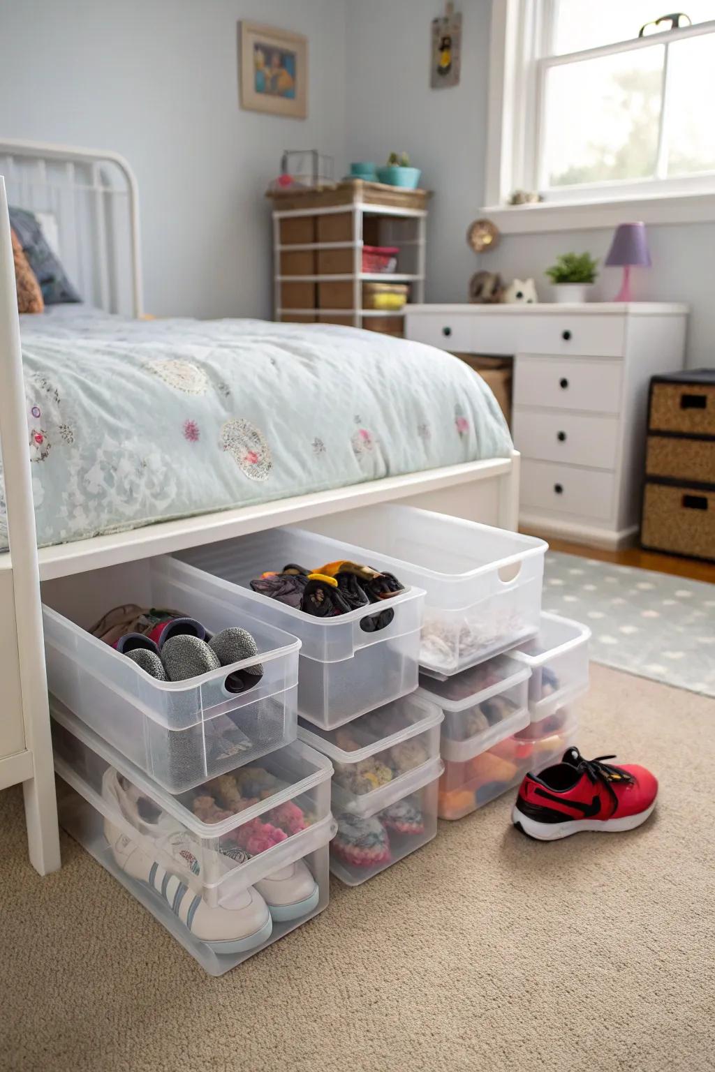 Keep shoes concealed with under-bed storage.