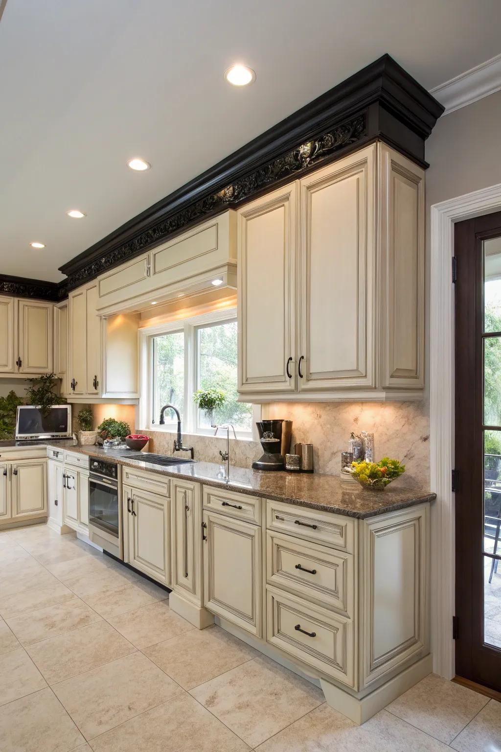 Deep-hued trim against bright cabinets creates a strong statement.