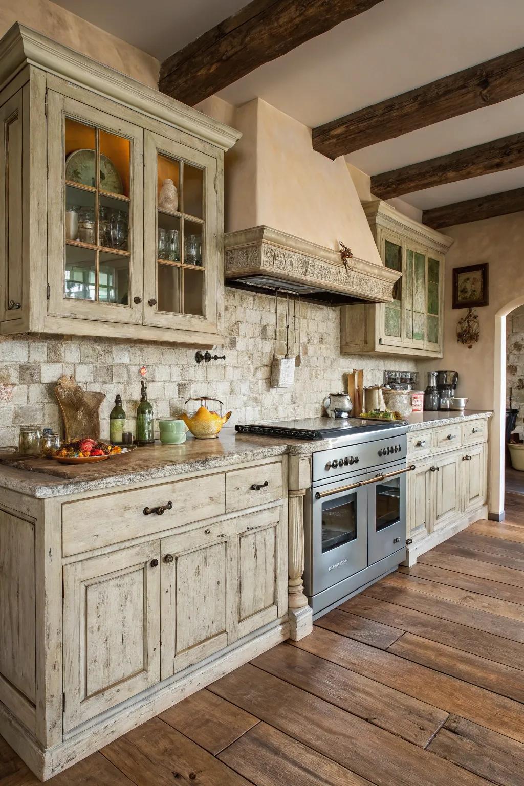 Weathered coatings infuse your kitchen with country charm and persona.