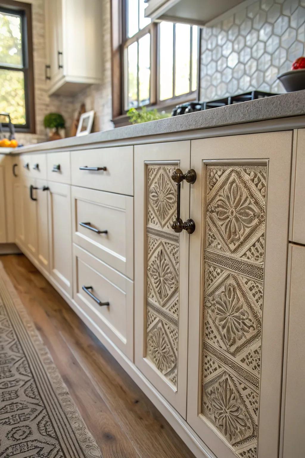 Detailed hardware includes tangible and visual fascination to cabinets.