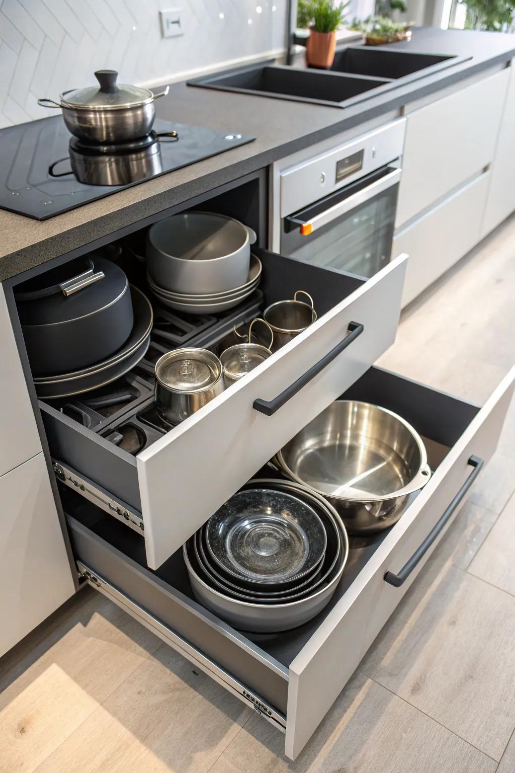Store your bulky cookware efficiently with large kitchen drawers.