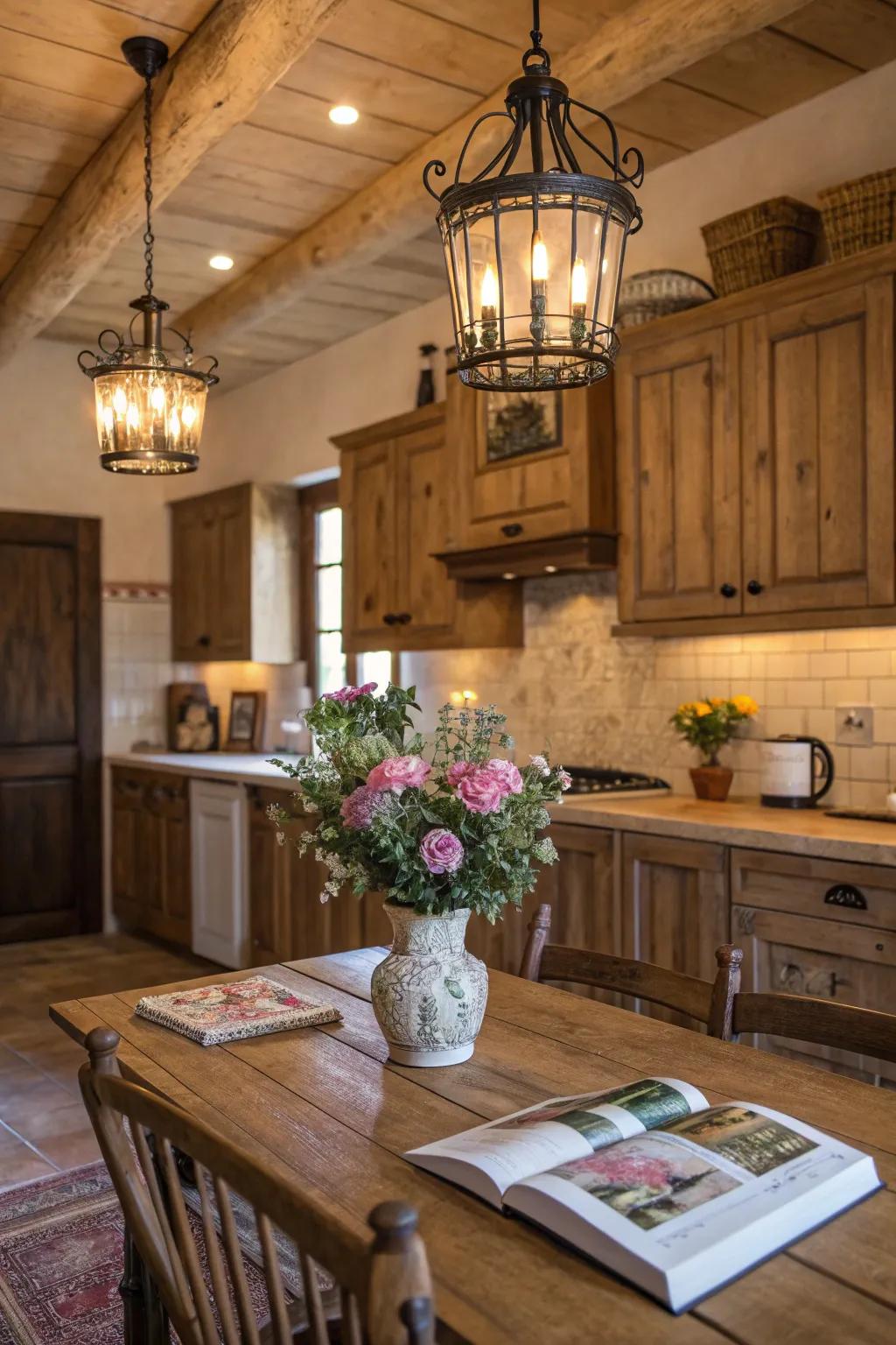Wooden fixtures contribute rustic charm to this inviting farmhouse kitchen.