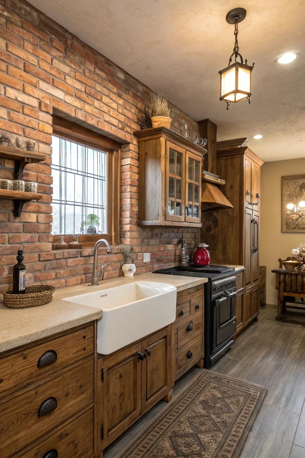 Brick paneling brings rustic charm to the cooking area.
