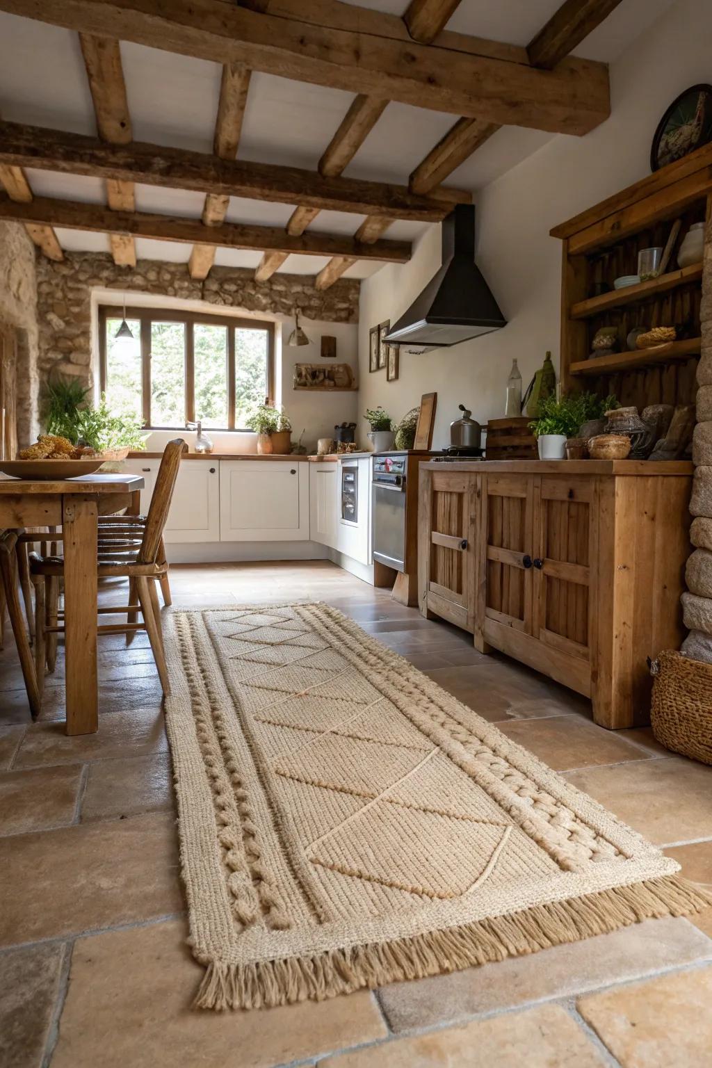 Carpets made from organic strands add texture and a rustic charm to kitchens.