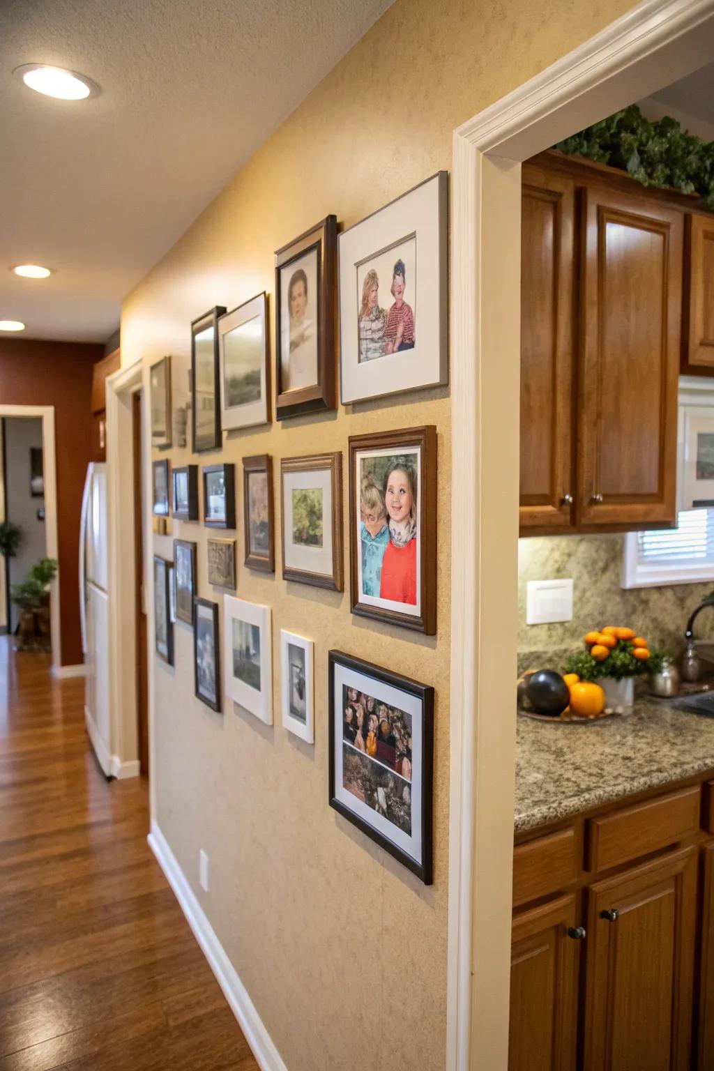 A curated wall of family photos within a kitchen, contributing a personal touch.