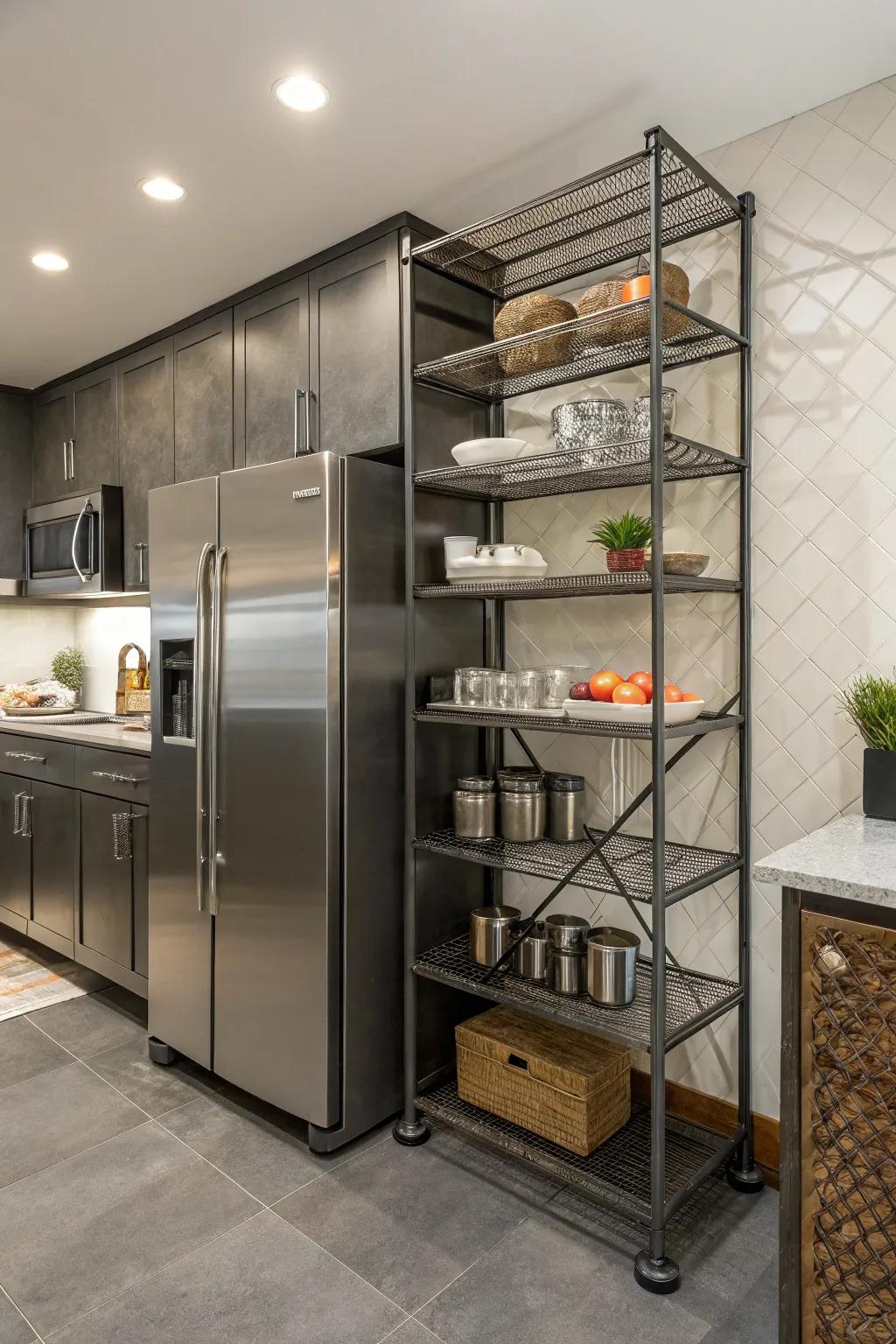 A kitchen displays metallic shelving that frames the refrigerator, offering both an aesthetic uplift and practical storage benefits.