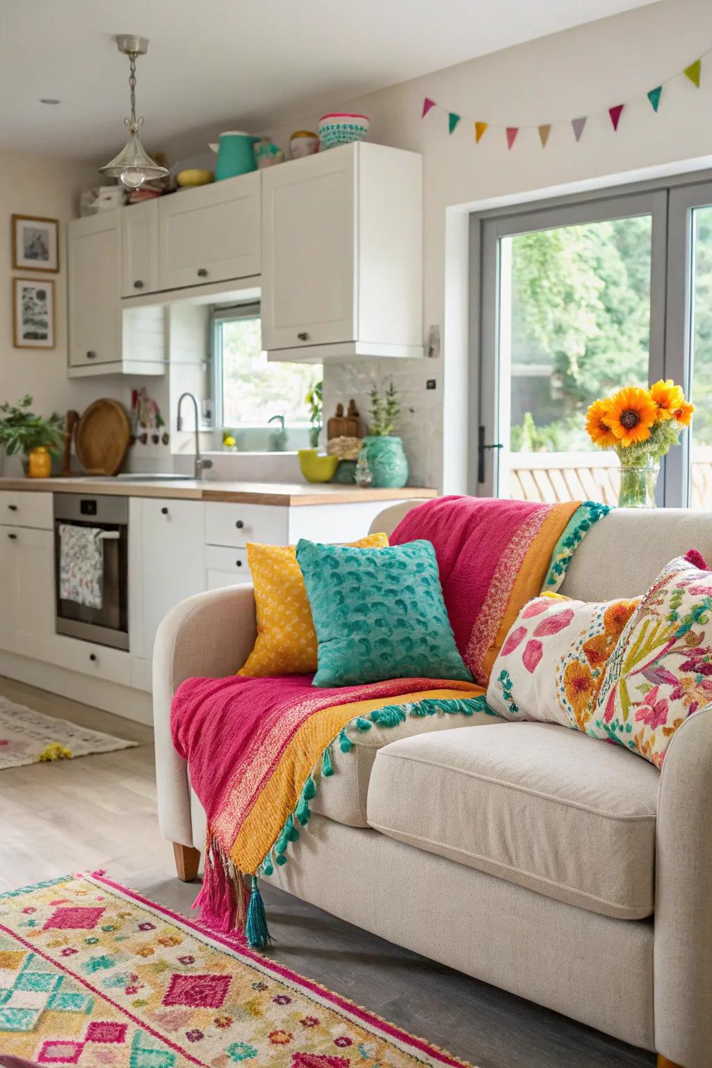A cooking area seating space decorated with vibrant cushions and throws, introducing a burst of color.
