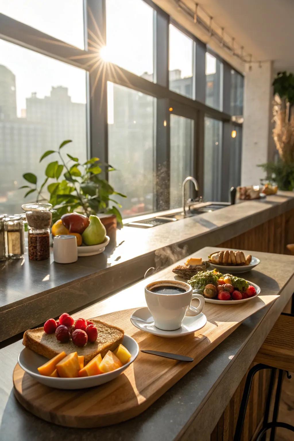 A breakfast bar illuminated by natural light streaming through a large window.