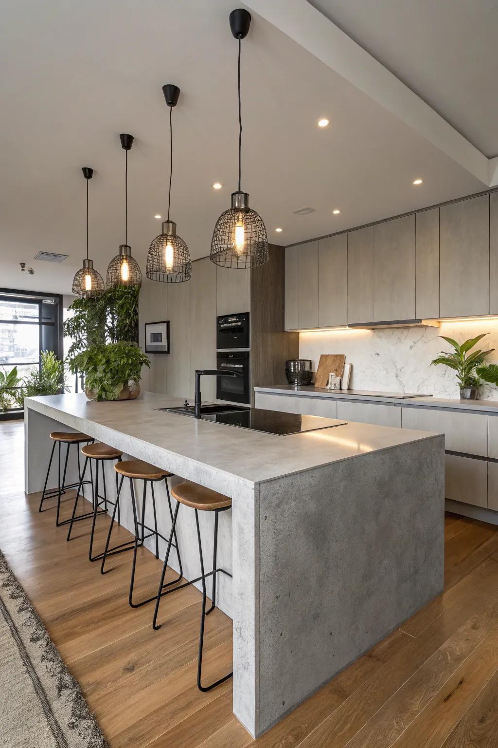A kitchen illuminated by stylish drop lights over concrete worktops.