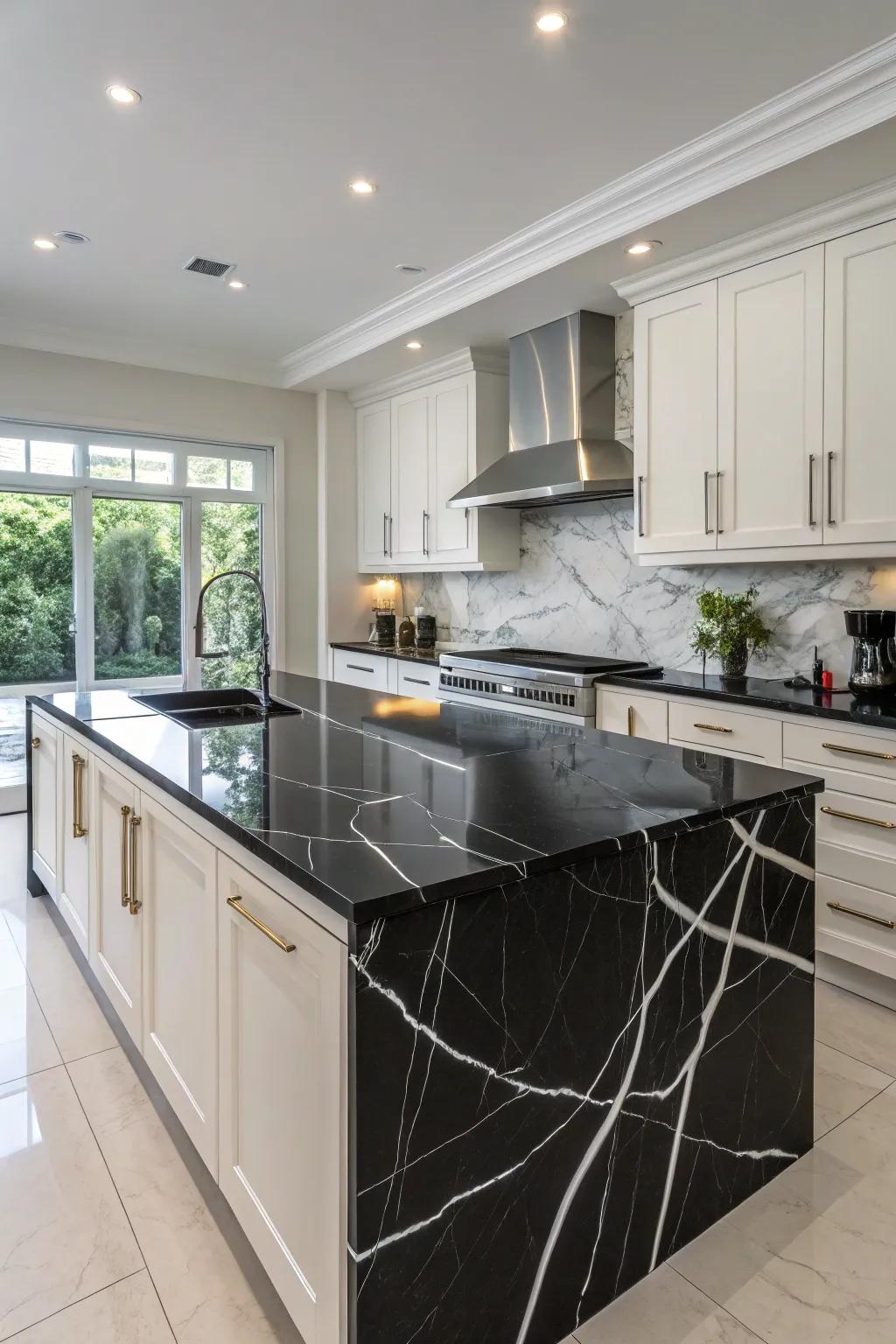 Remarkable black quartz worktops showcasing tasteful white streaks.