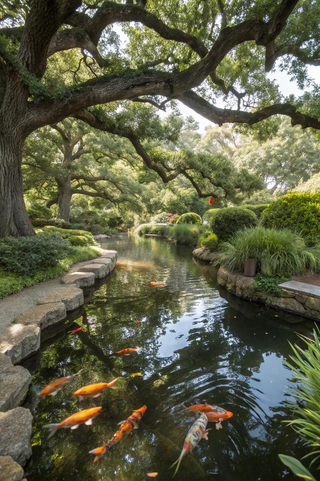A koi pond nestled in the shadow of majestic oak trees.